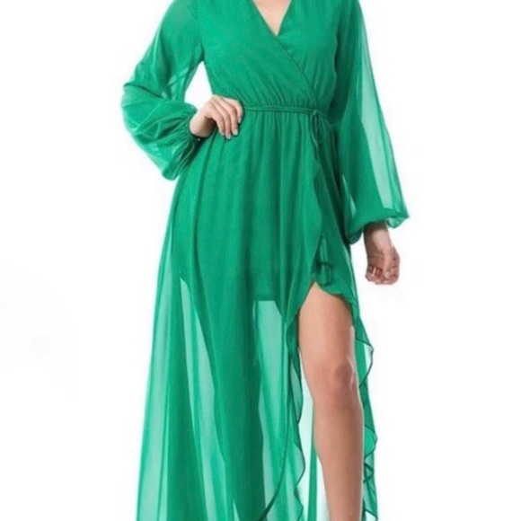 Green Chiffon Asymmetrical Maxi Wrap Dress - Picture 3 of 6